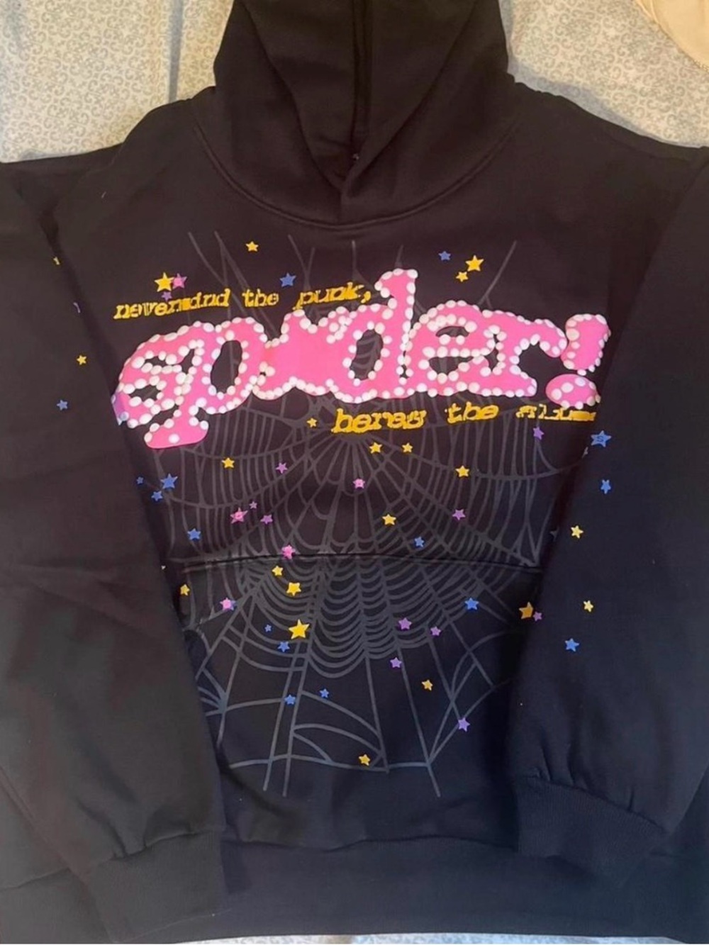 Black Graphic Hoodie with Pink 'Spider' Design new never worn